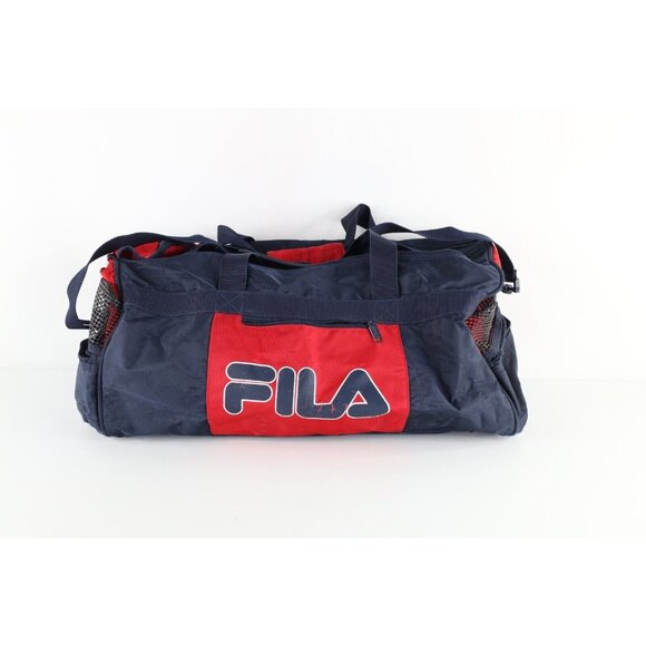 Vintage 90s Fila Distressed Spell Out Large Duffel Gym Bag Carry On Weekender - Picture 1 of 8